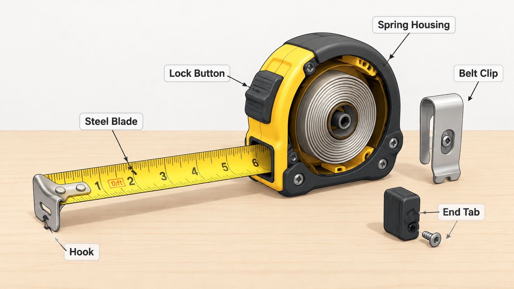 A detailed exploded view illustration of a yellow and black construction tape measure on a wooden surface.