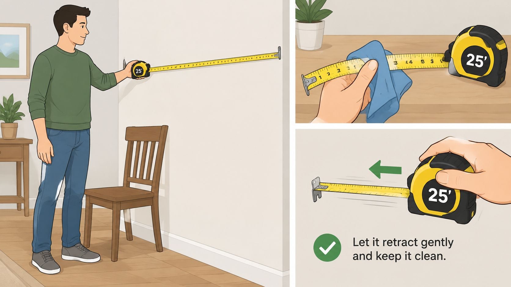 A man using a 25-foot tape measure to gauge distance, showing cleaning and gentle retraction techniques.