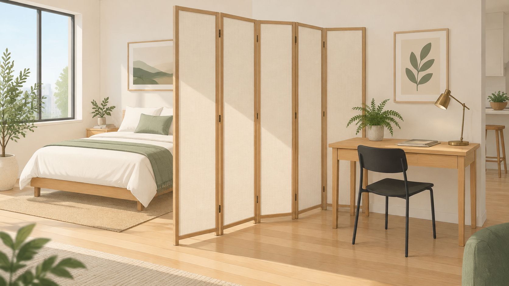 A modern, light-filled bedroom and home office area separated by a six-panel beige wooden room divider.