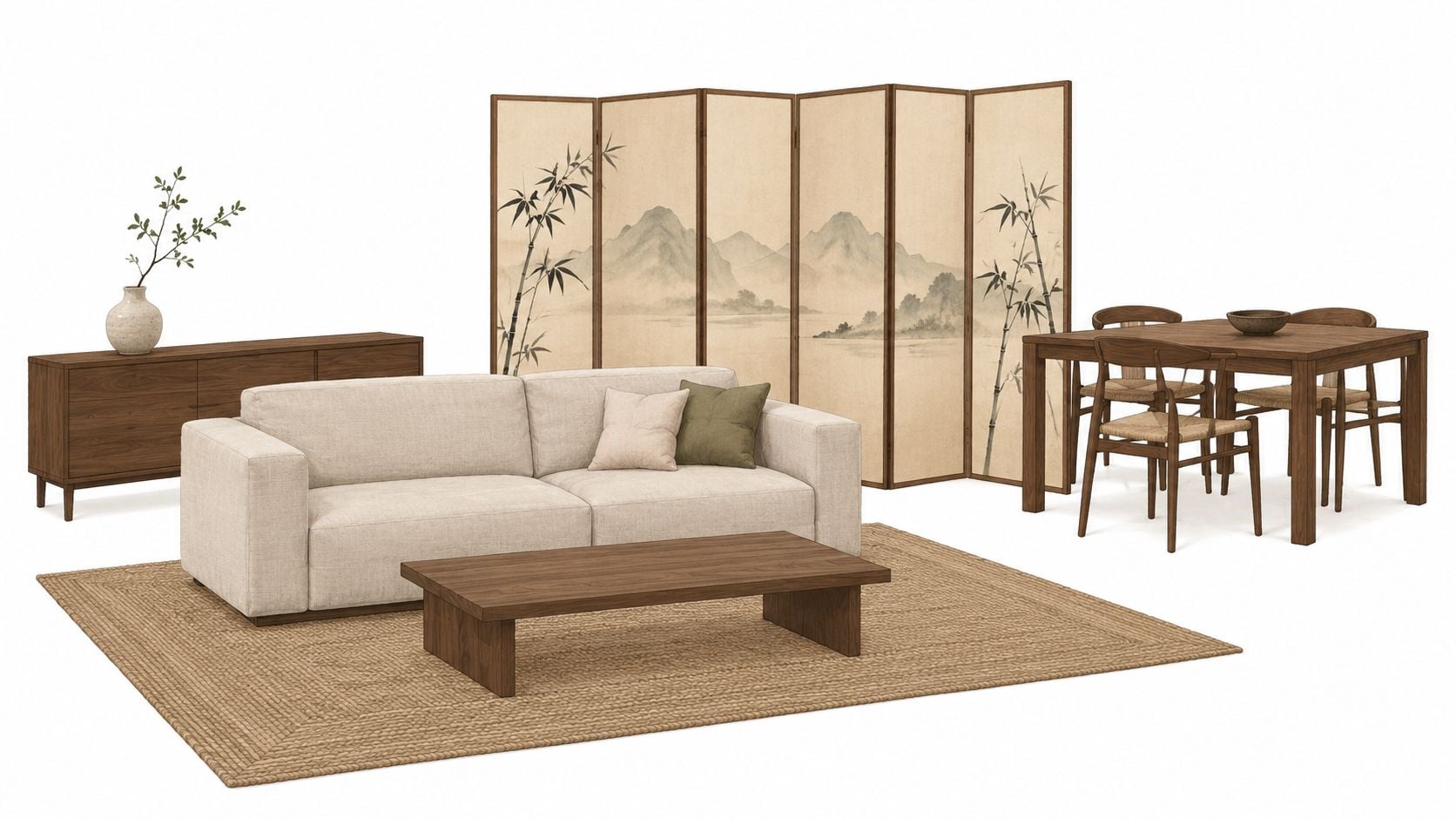 A minimalist living room set featuring a beige sofa, wooden coffee table, sideboard, and a six-panel screen.