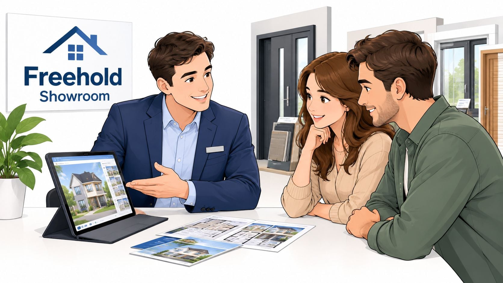 A professional real estate agent consults with a young couple about home plans in a bright showroom.