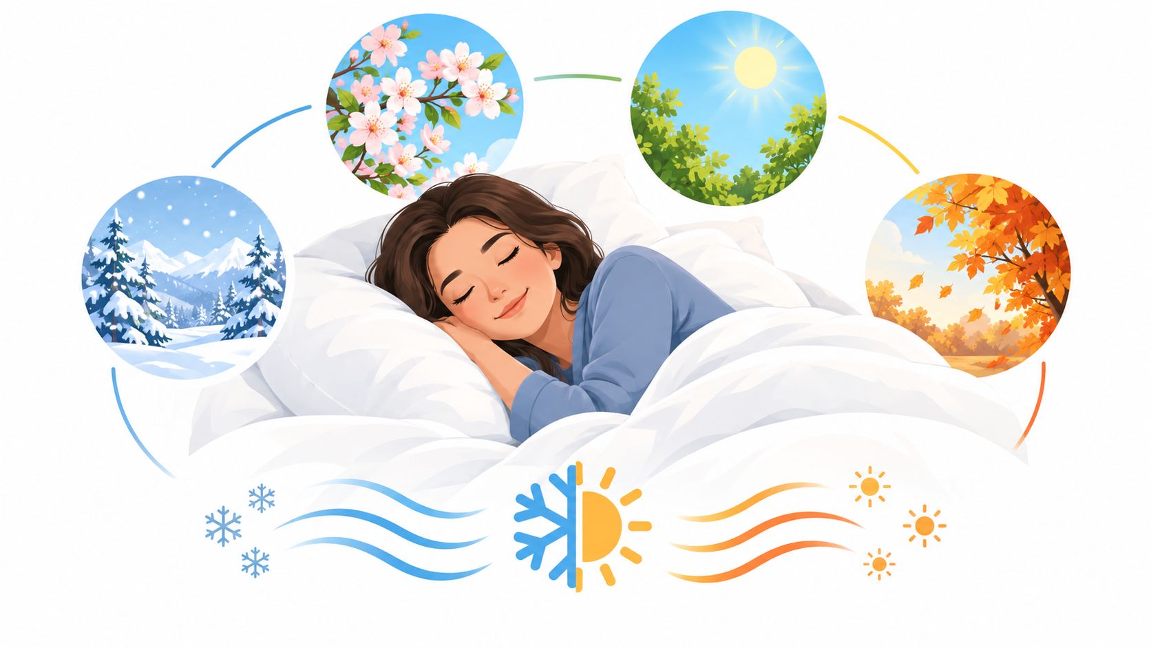 A woman peacefully sleeping in a bed, illustrating a comfortable, versatile comforter suitable for all four seasons.