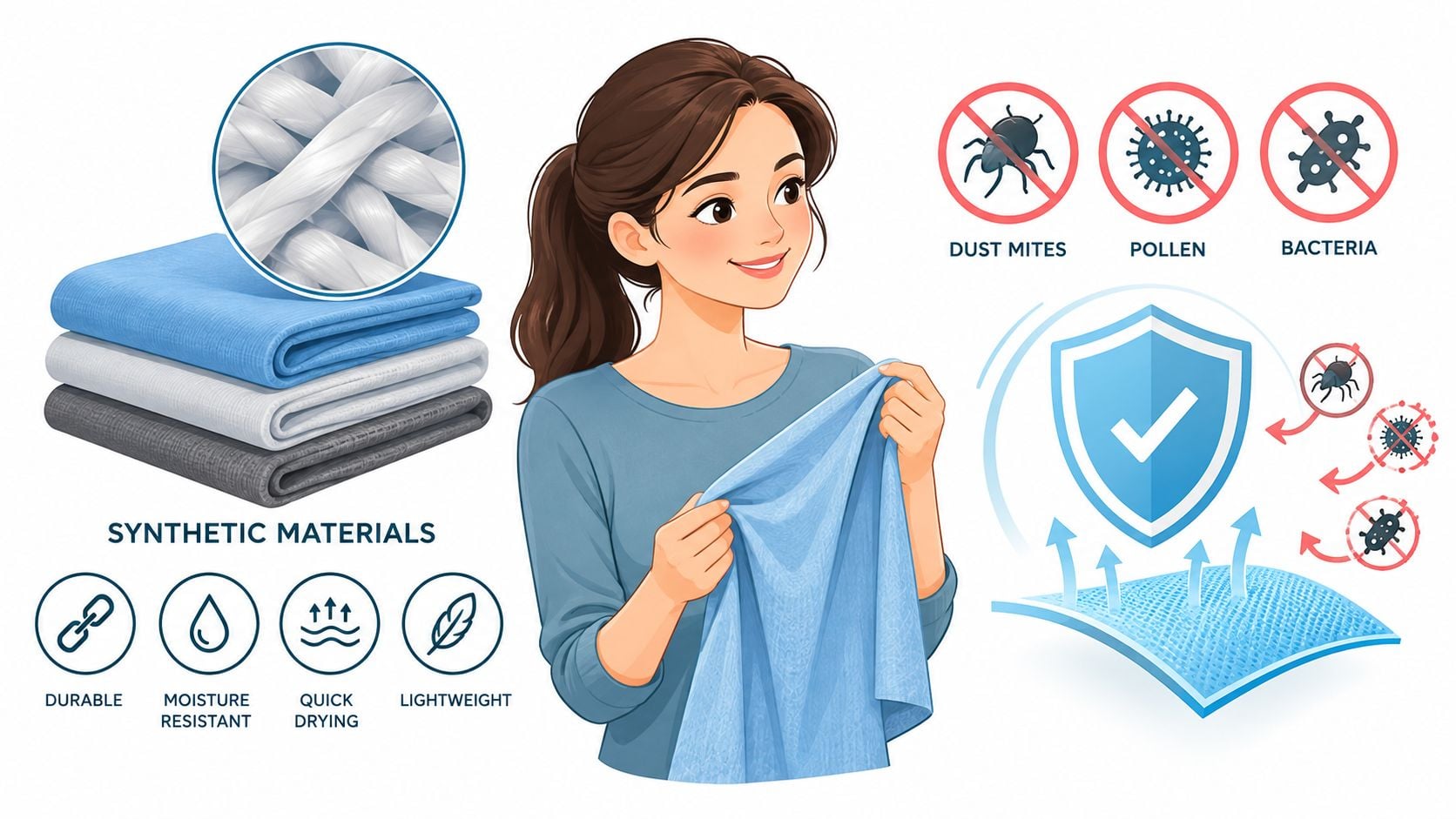 A woman holding a synthetic fabric comforter showing symbols for moisture resistance, durability, and allergen protection features.