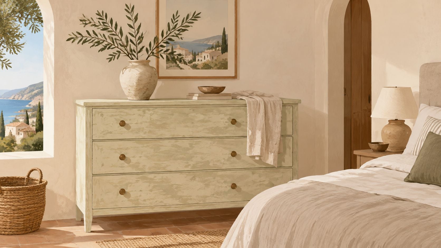 Rustic bedroom dresser with a distressed light green finish, olive branches, and framed artwork.