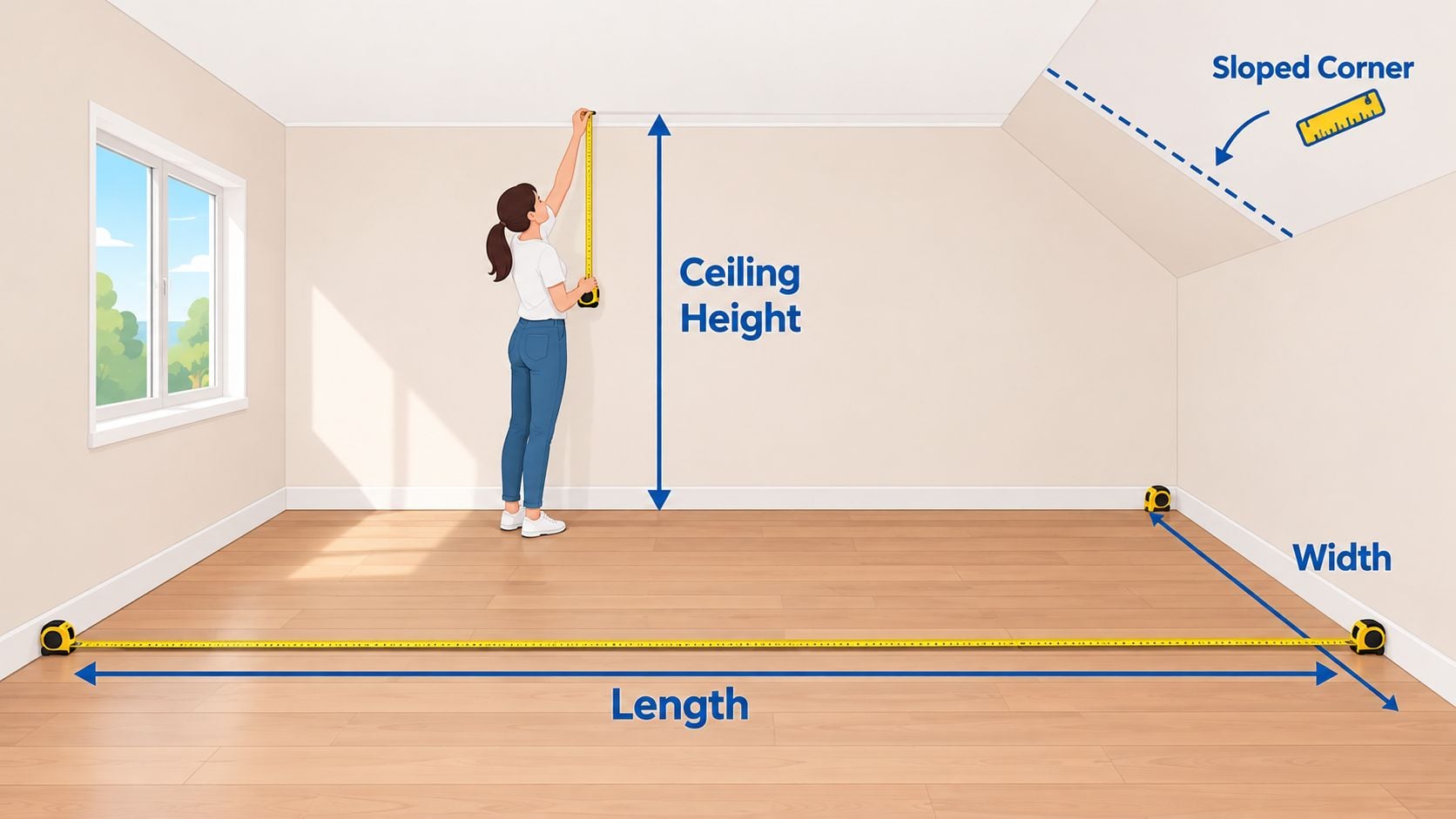 A person measuring room dimensions with a tape measure to calculate area for home renovation projects.