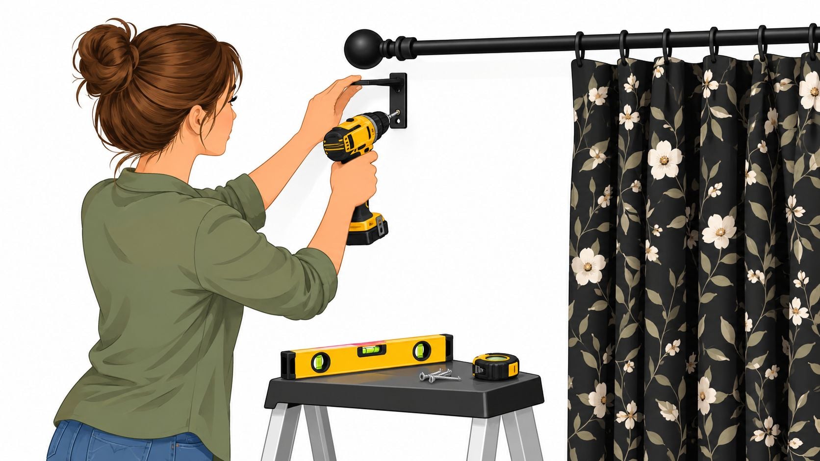 A woman in a green shirt installs a curtain rod bracket on a white wall using a drill.