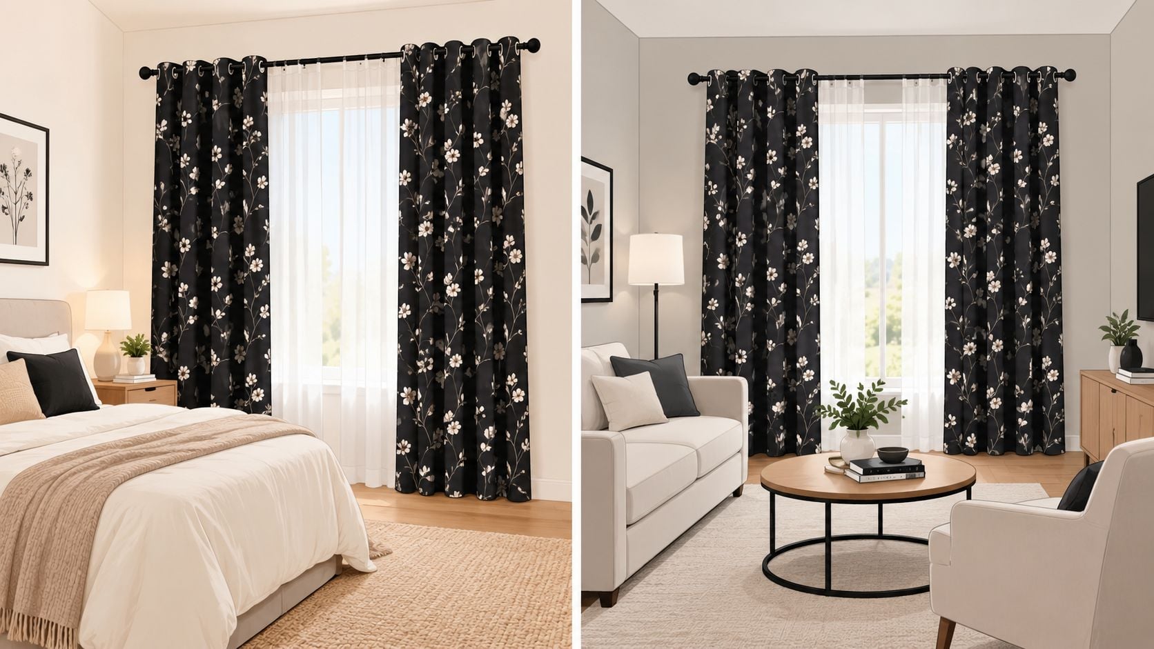 A split-screen view showing black floral patterned curtains in a cozy bedroom and a modern living room.