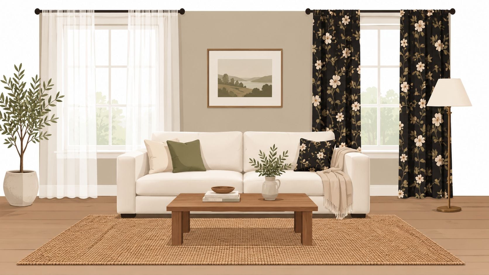 A cozy, neutral-toned living room featuring a white sofa, a coffee table, and elegant black floral curtains.