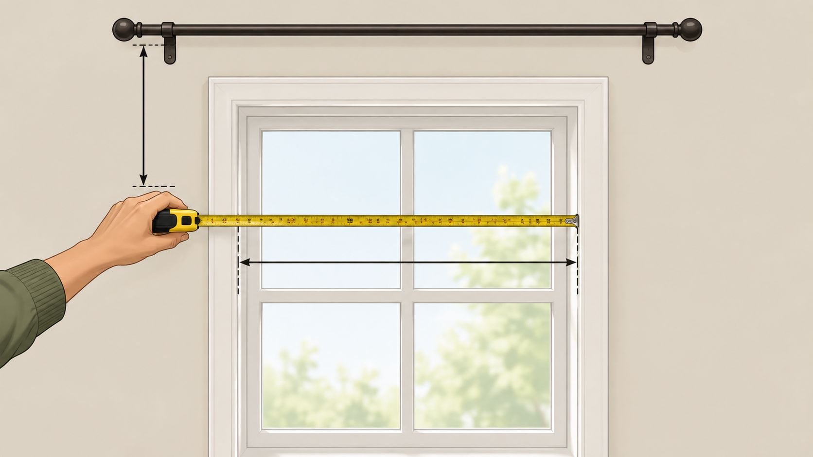 A person using a measuring tape to determine the width of a window for curtain installation.