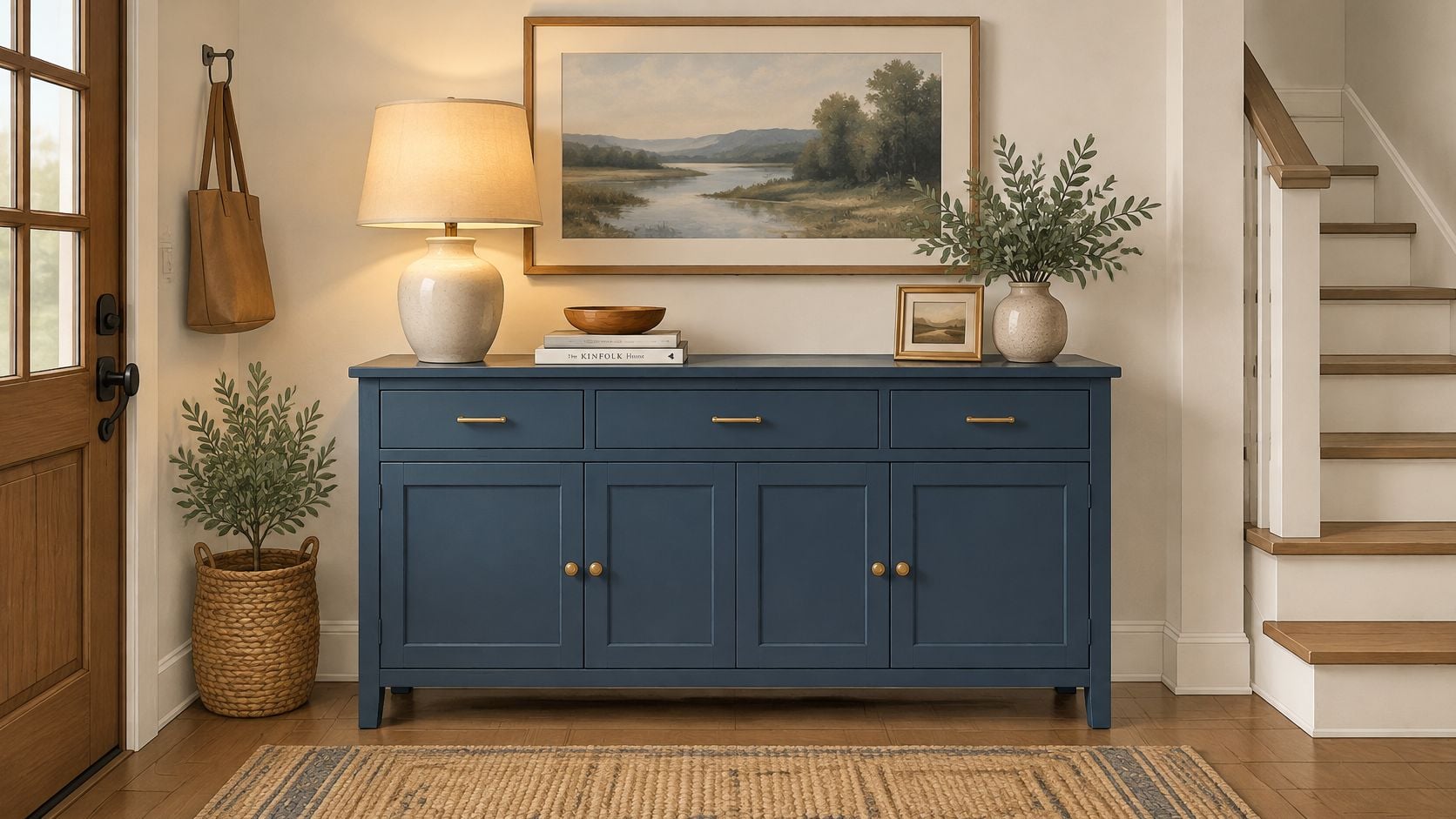 A classic blue console cabinet sits in a bright entryway with a table lamp and decor.