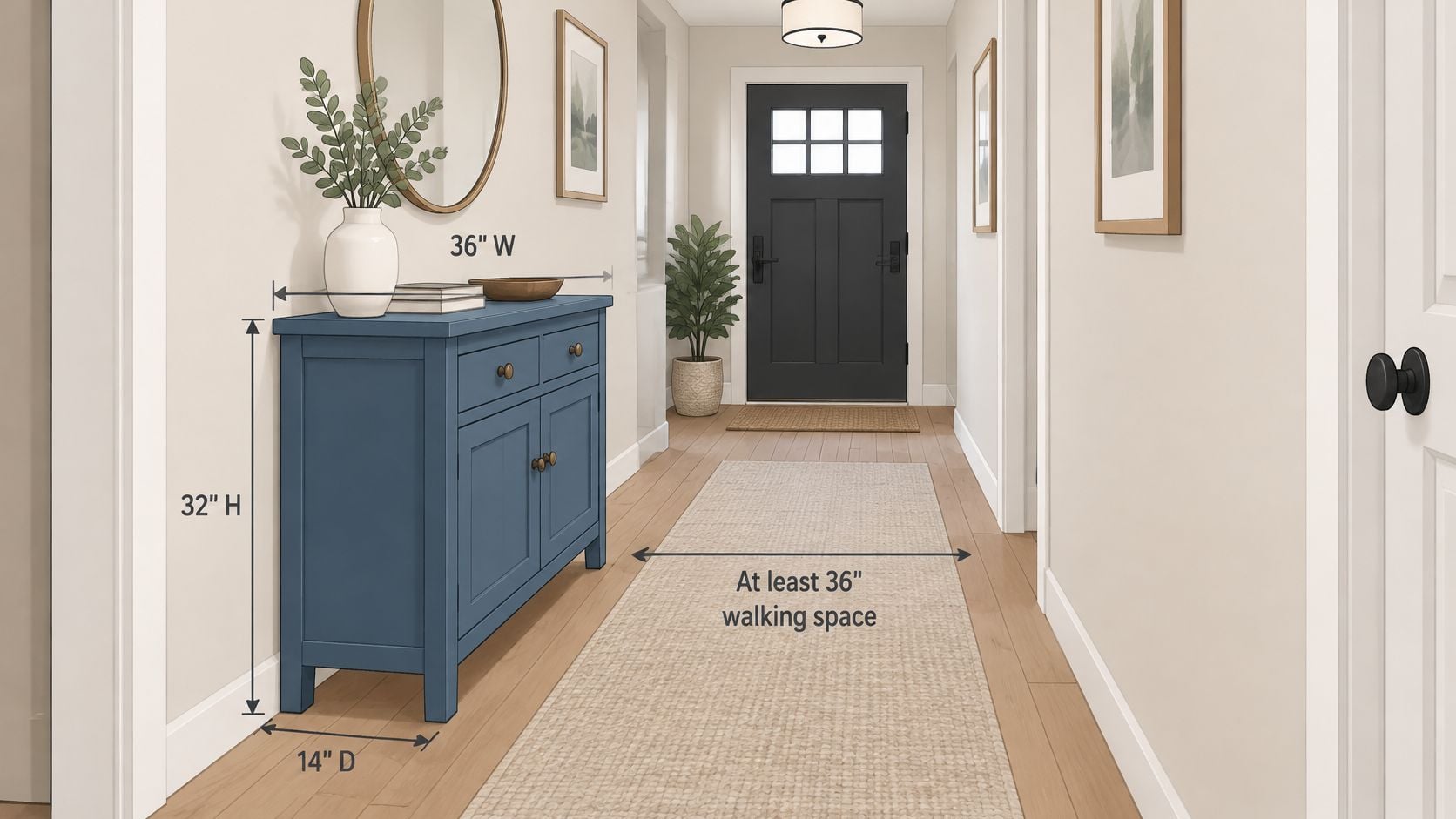 A stylish blue console cabinet placed in a bright, modern entryway with a neutral runner rug.