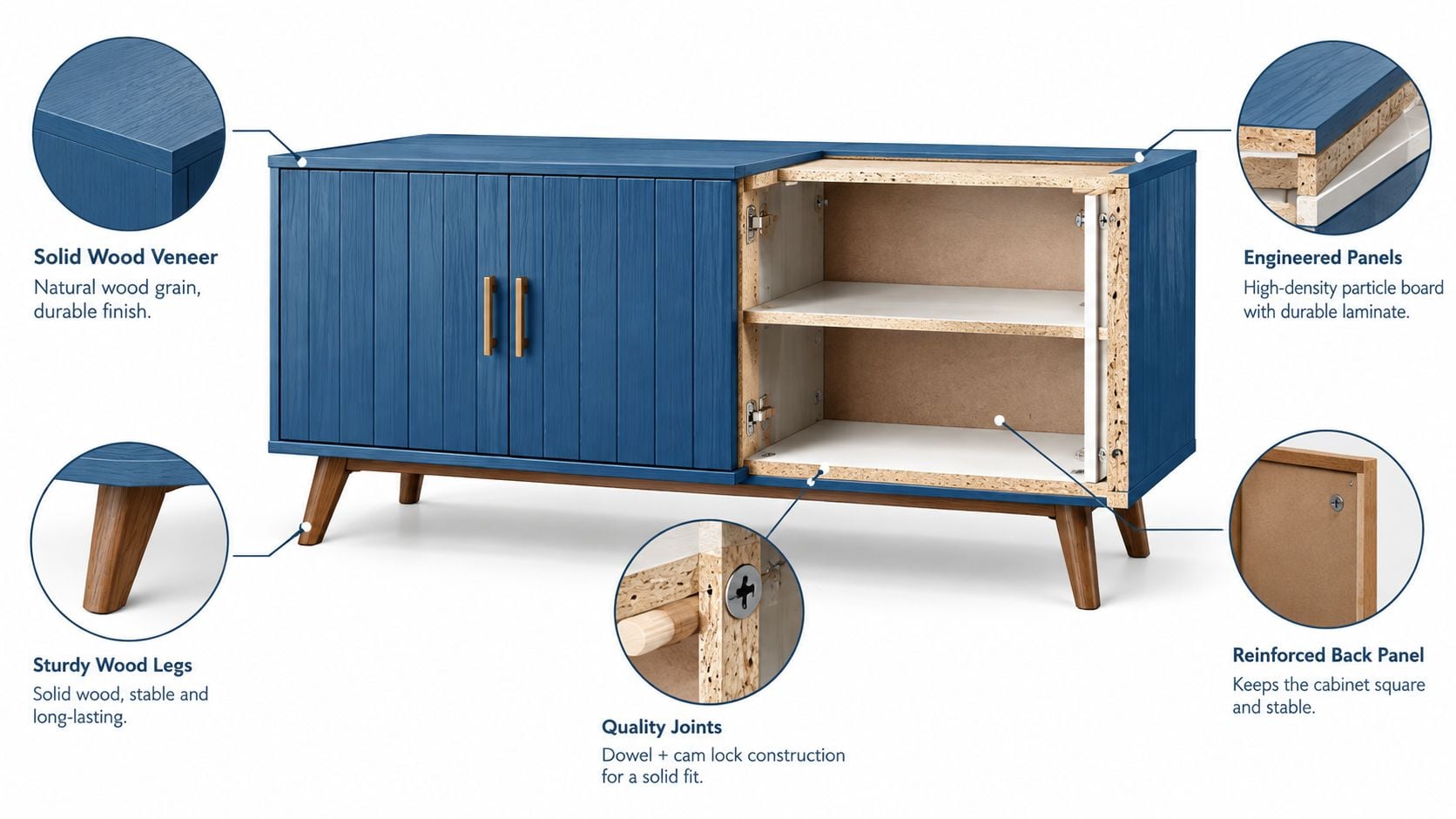 A blue console cabinet shown with labeled diagrams detailing its solid wood veneer, sturdy legs, and quality construction.