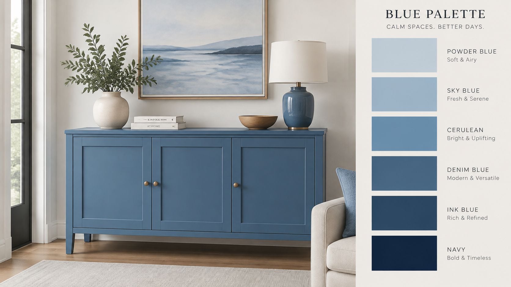 A stylish living room featuring a blue console cabinet decorated with a vase and a table lamp.