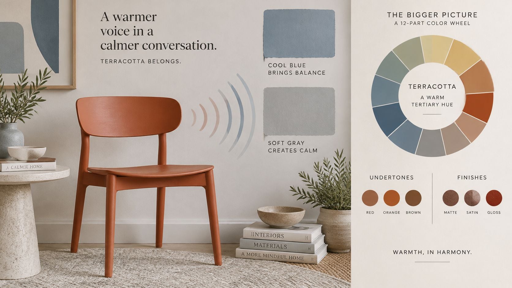 An interior design display showing a terracotta chair with complementary blue and gray color palette samples.