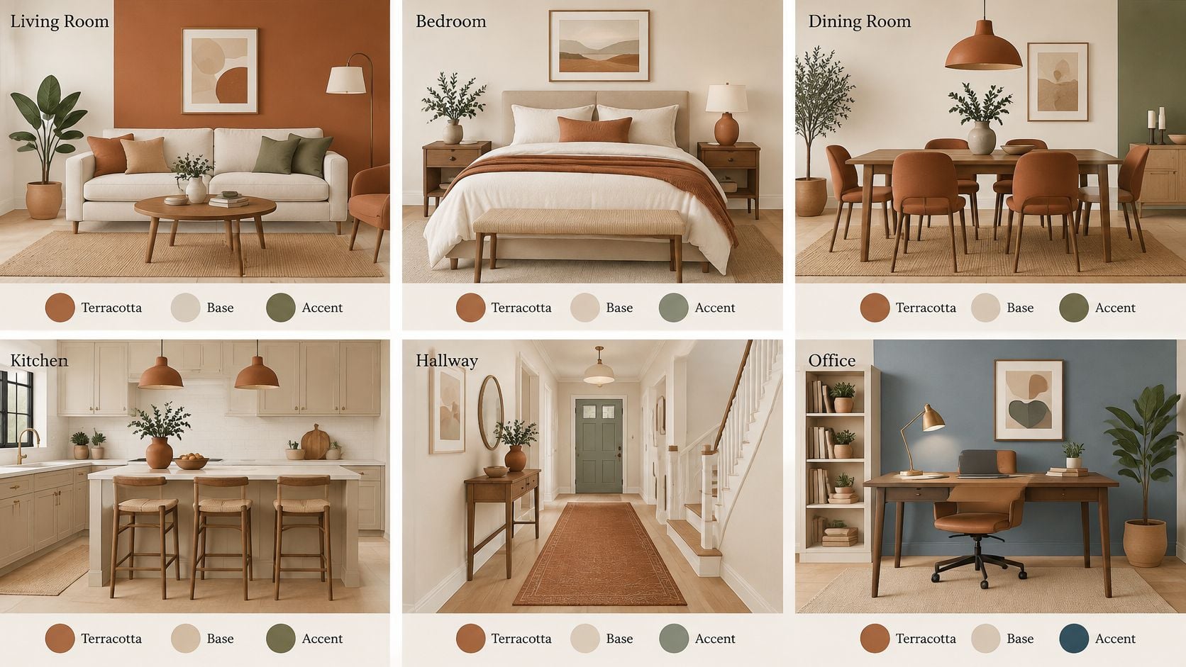 Collage of six modern home interior rooms showcasing various design styles using terracotta color schemes and decor.