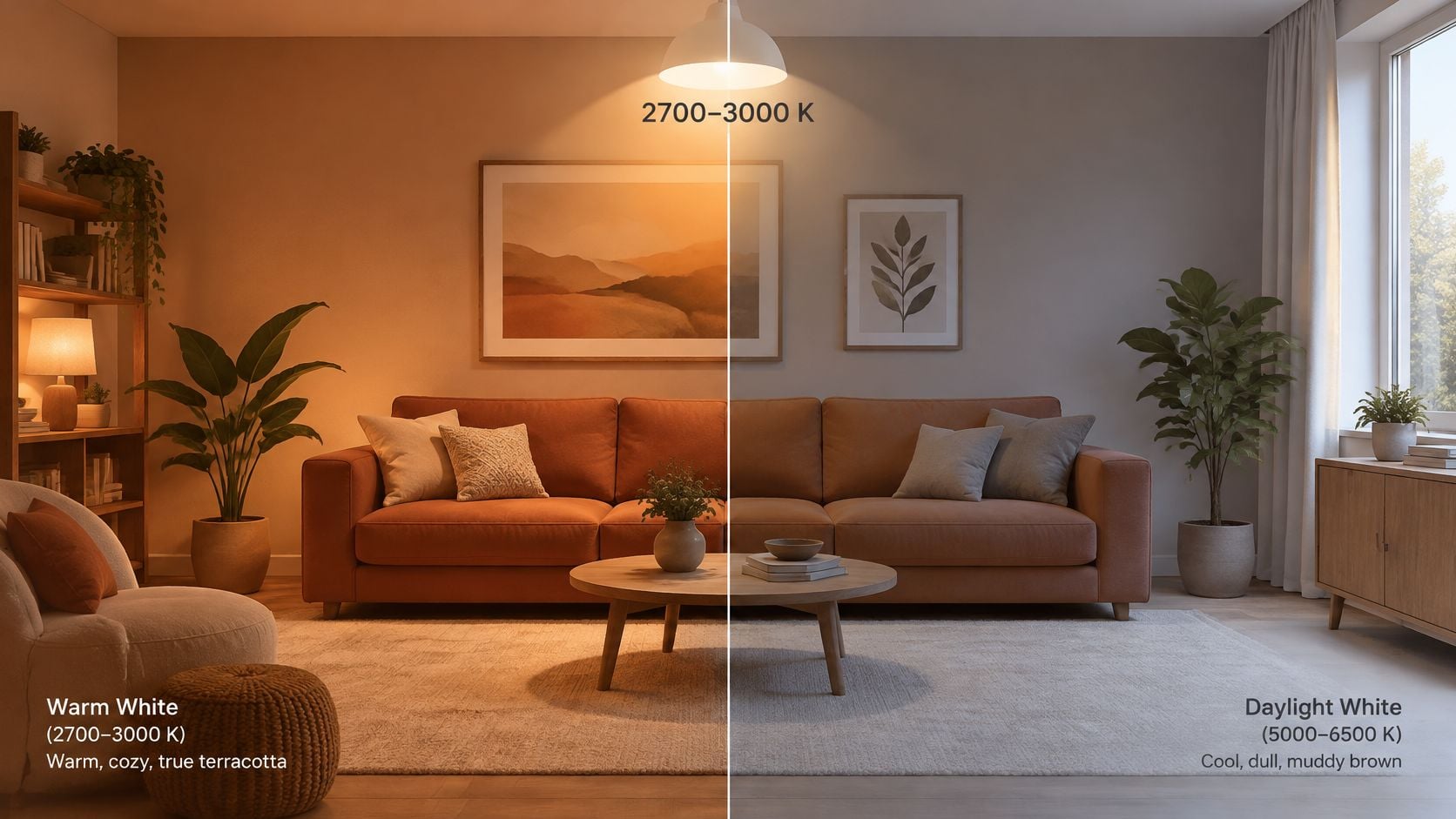 A split-screen comparison of a living room showing how warm lighting enhances terracotta furniture compared to cool lighting.