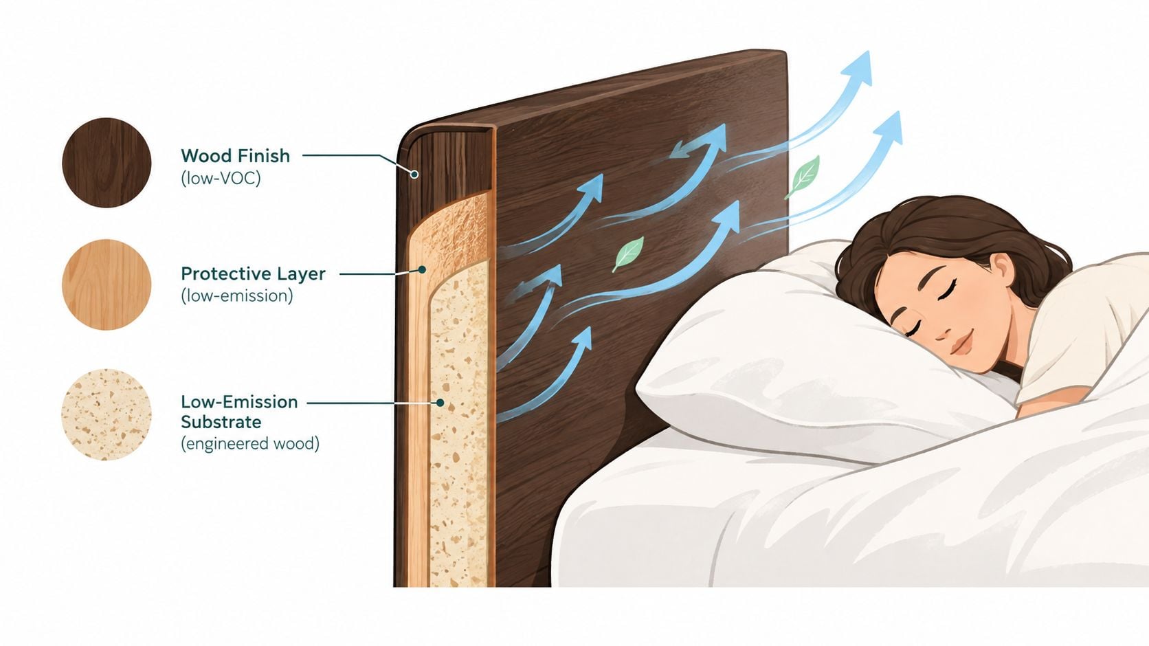 A diagram showing the layered, low-emission materials used in a sustainable dark wood headboard for healthy sleep.