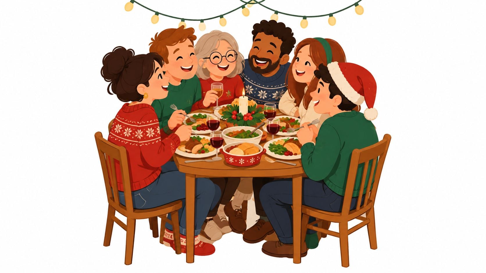 A diverse group of friends laughing and enjoying a festive holiday dinner together at a wooden table.