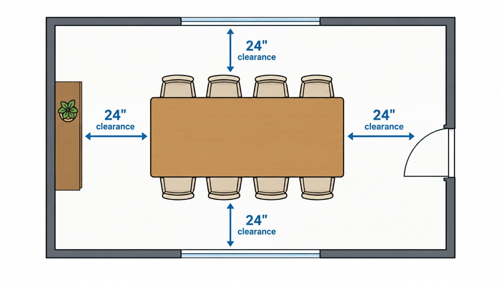 A floor plan diagram showing a rectangular dining table with eight chairs surrounded by necessary clearance space.