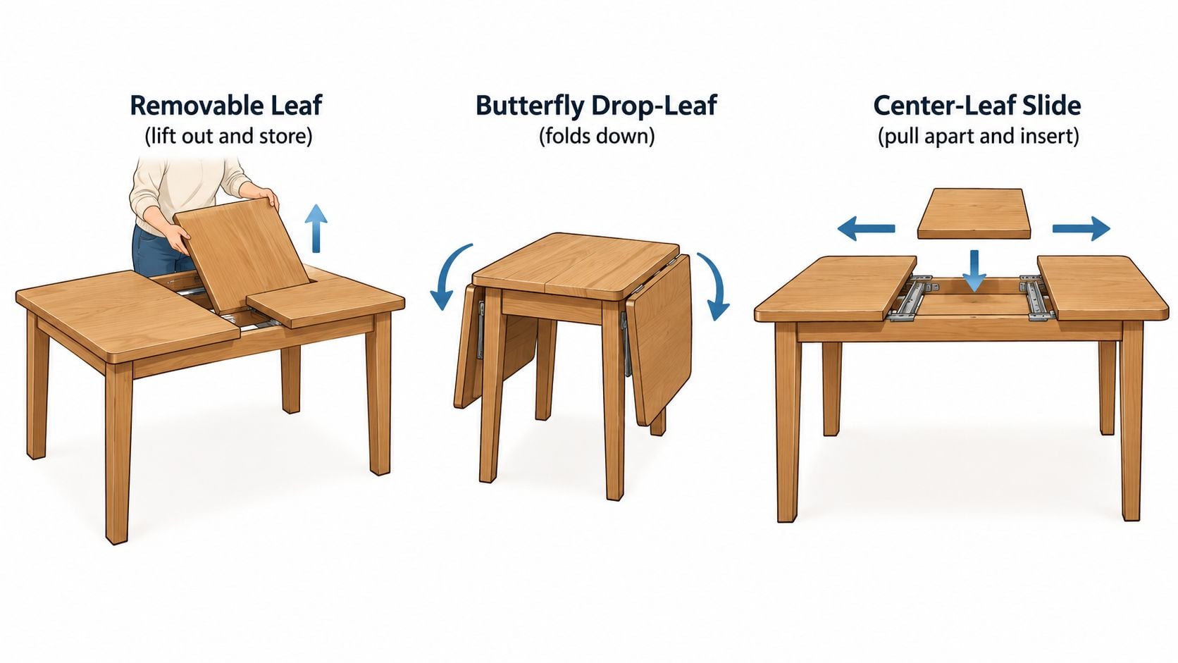 An illustration showing three different methods for extending dining room tables: removable leaf, butterfly drop-leaf, and center-leaf slide.