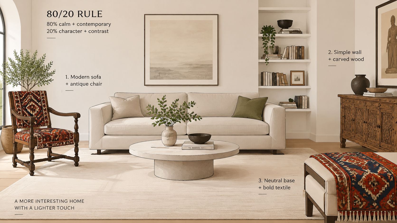 A living room interior featuring an eclectic mix of modern beige furniture and traditional patterned textiles.