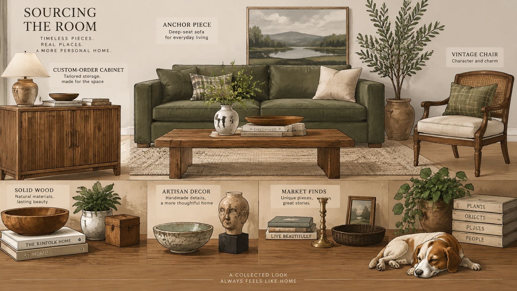An illustrated guide showcasing interior design elements like a sofa, vintage chair, and artisan home decor accessories.