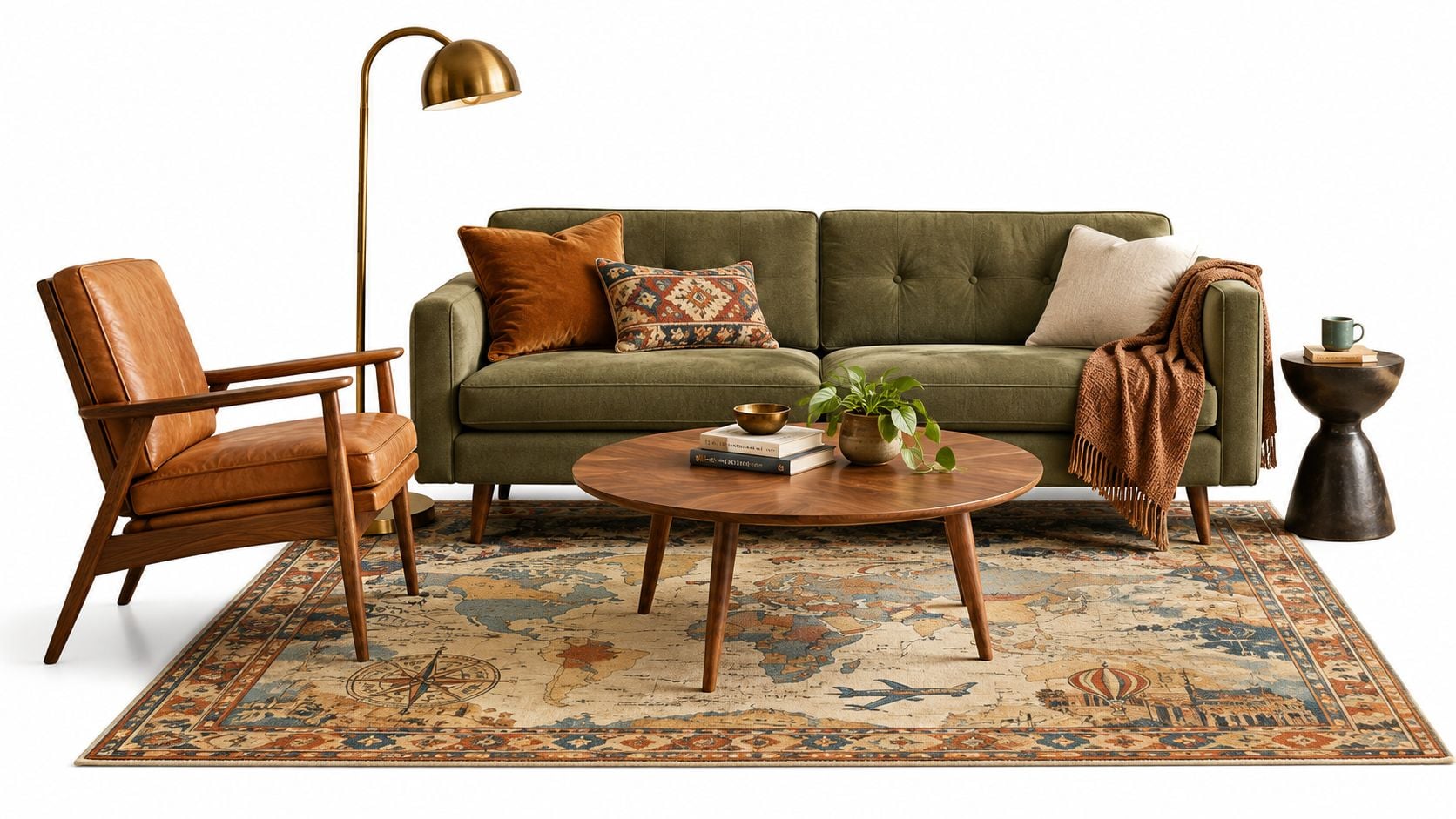 A mid-century modern living room setup featuring a green sofa, leather chair, round table, and world map rug.