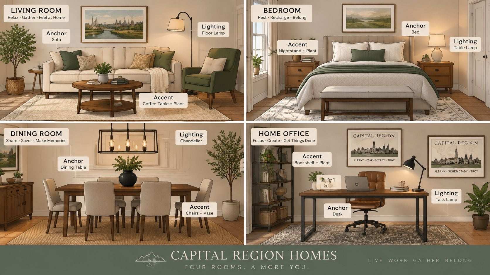 A four-panel graphic displaying interior design tips for a living room, bedroom, dining room, and home office.