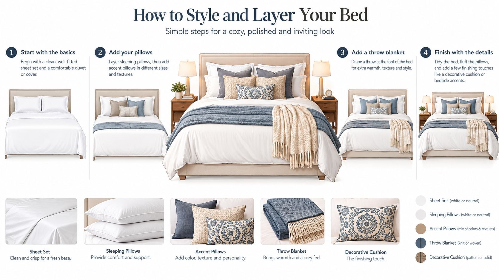 An infographic illustrating step-by-step instructions for styling and layering a comfortable and polished bed with pillows.