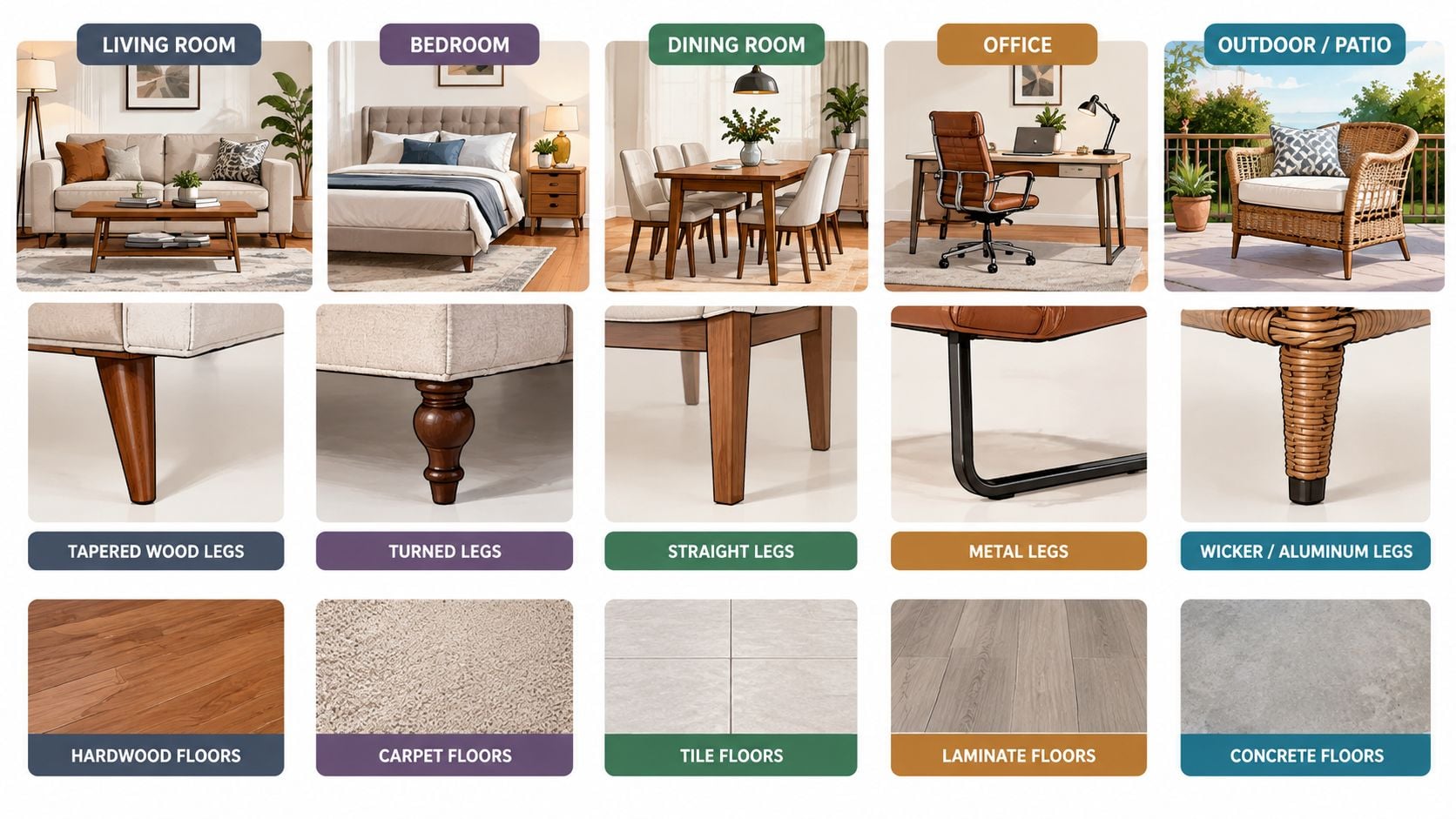 A chart displaying various furniture leg styles paired with corresponding room settings and floor types.