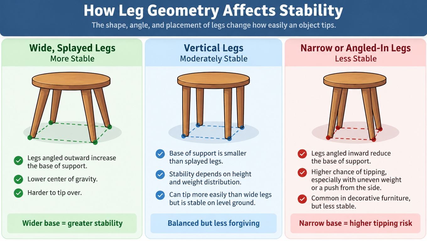 An infographic comparing three furniture leg configurations: wide, vertical, and narrow, explaining how each affects stability.