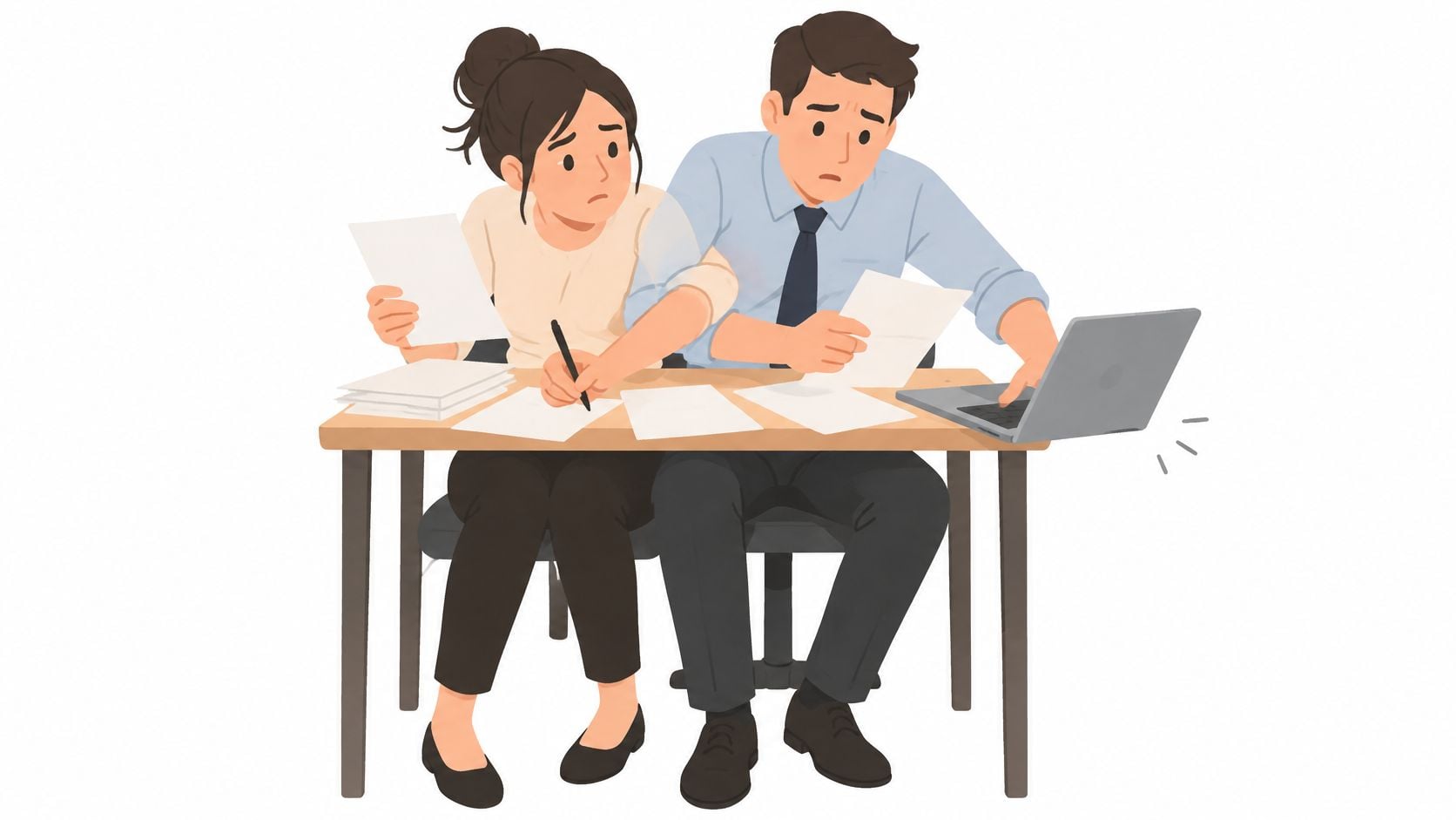 A woman and a man sitting at a desk together looking worried while working on documents