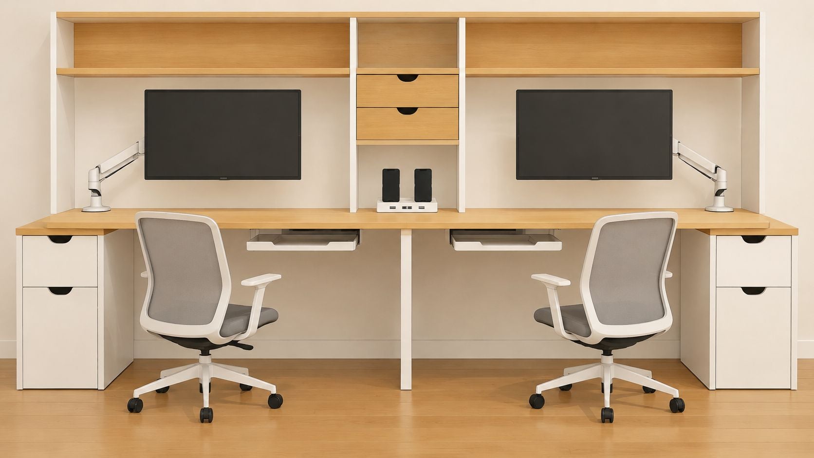 A modern double workstation home office desk with two monitors and ergonomic chairs in a minimalist room.