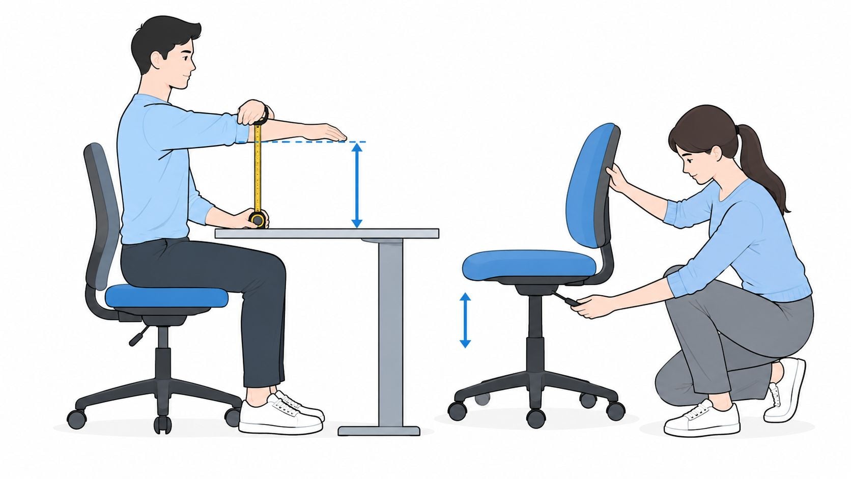 A person measuring the height for a desk while another person adjusts an office chair height.