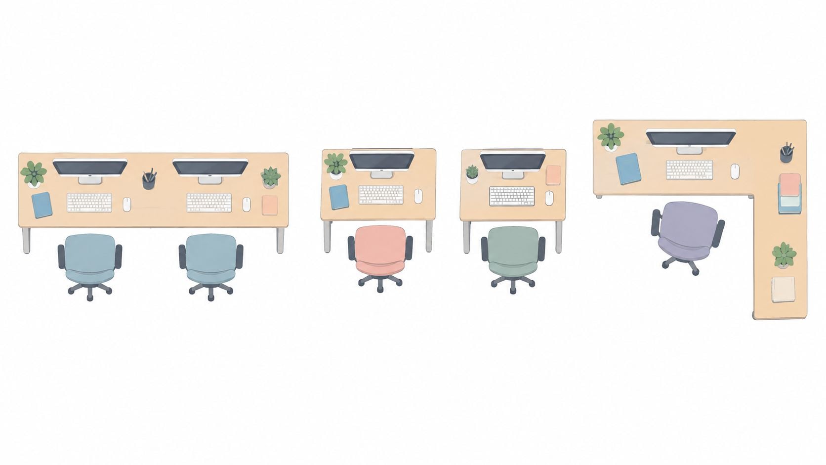 A top-down view showing multiple minimalist home office desk setups with computers and chairs on white background.