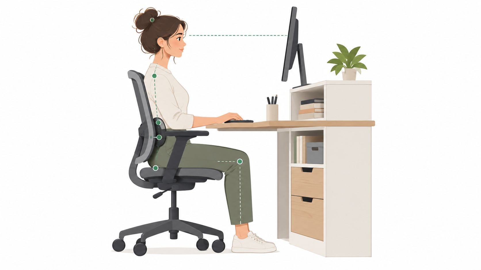 A woman sitting in an ergonomic chair with perfect posture at a tidy home office desk.