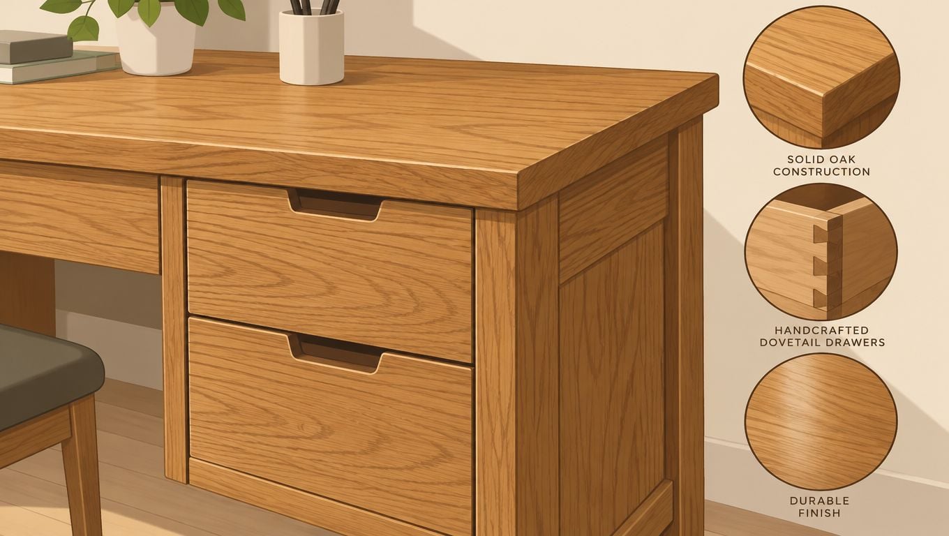 A close-up view of a wooden home office desk featuring two drawers and detailed product feature highlights.