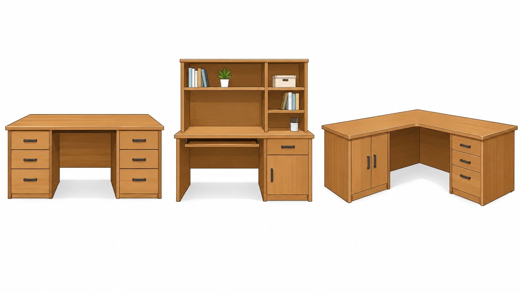 Three different styles of wooden desks with drawers and shelves for a home office workspace.