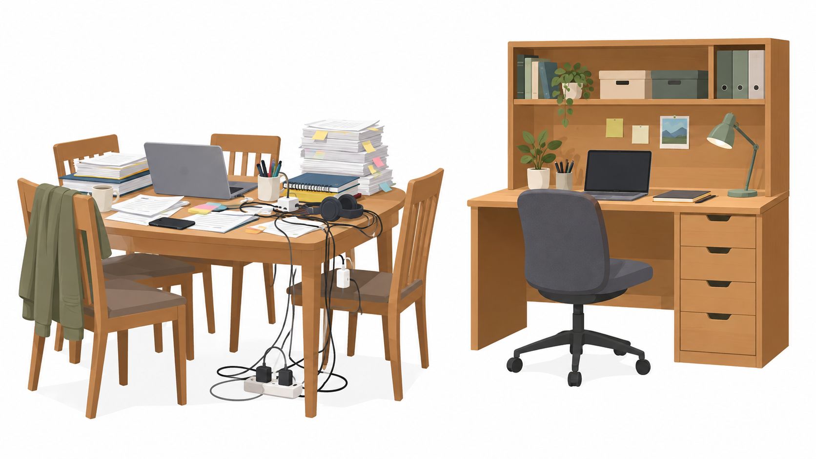 A split view comparing a cluttered, disorganized wooden dining table workspace with a tidy, organized home office desk.