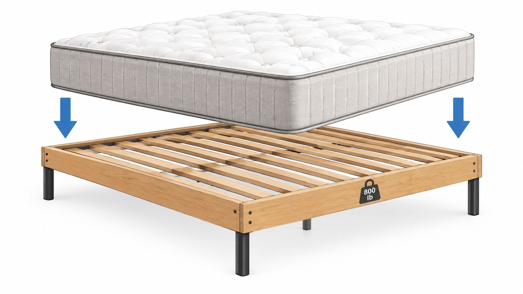 A thick white mattress hovering above a wooden bed frame platform with black metal legs.