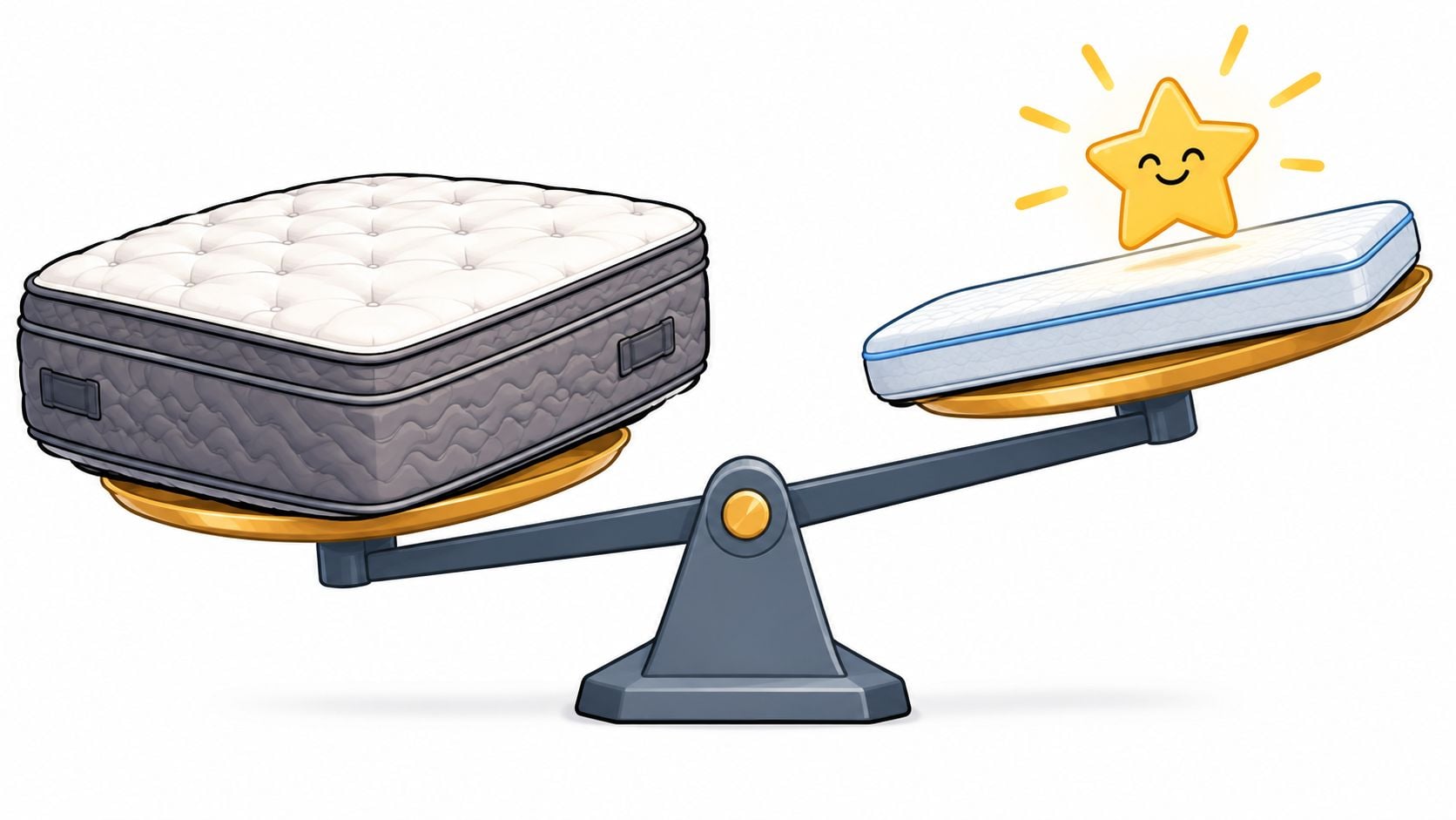 A thick, heavy traditional mattress outweighs a lightweight modern mattress on a balance scale with a star.