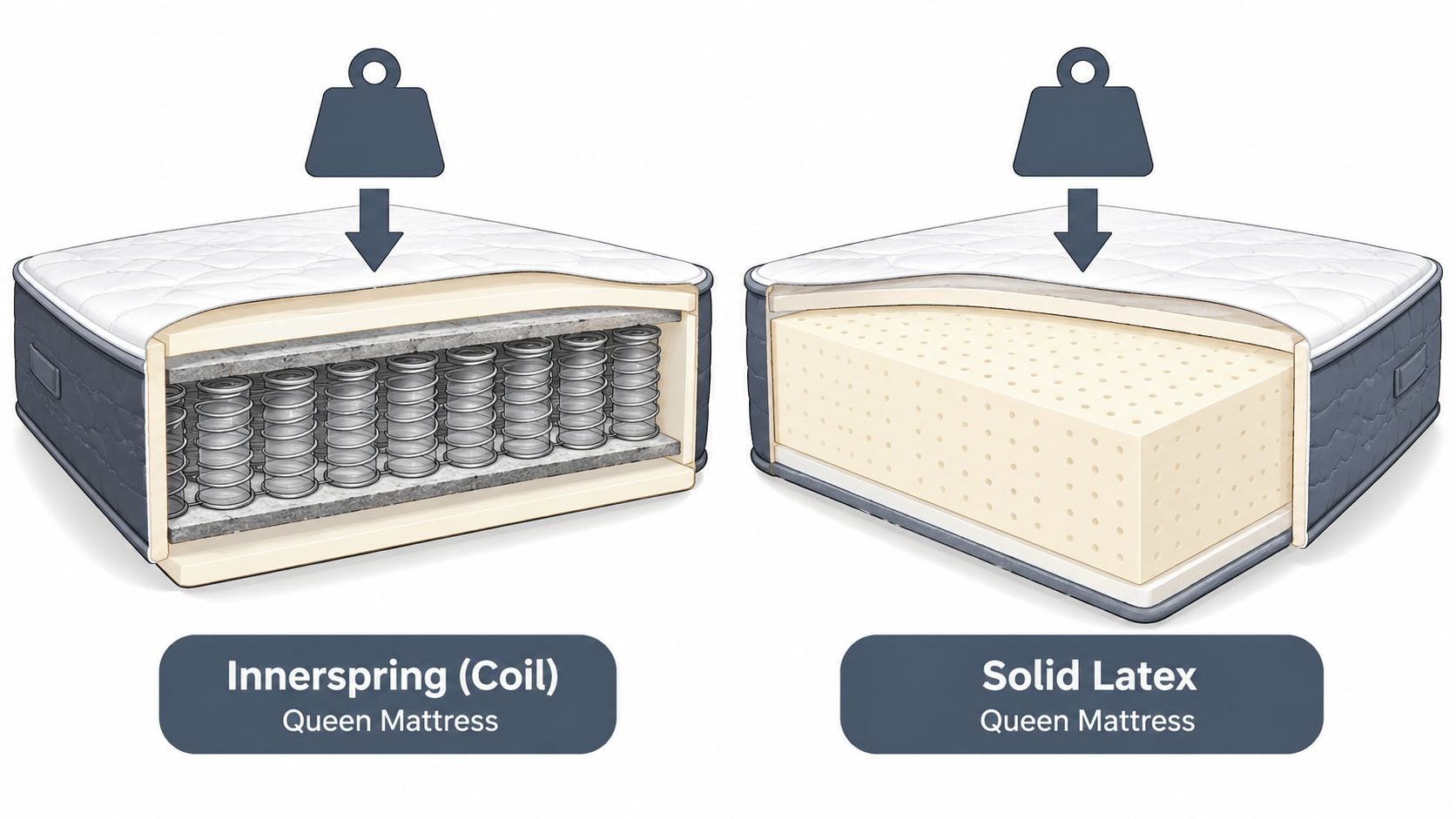 A cutaway illustration comparing the internal structure of an innerspring coil mattress and a solid latex mattress.
