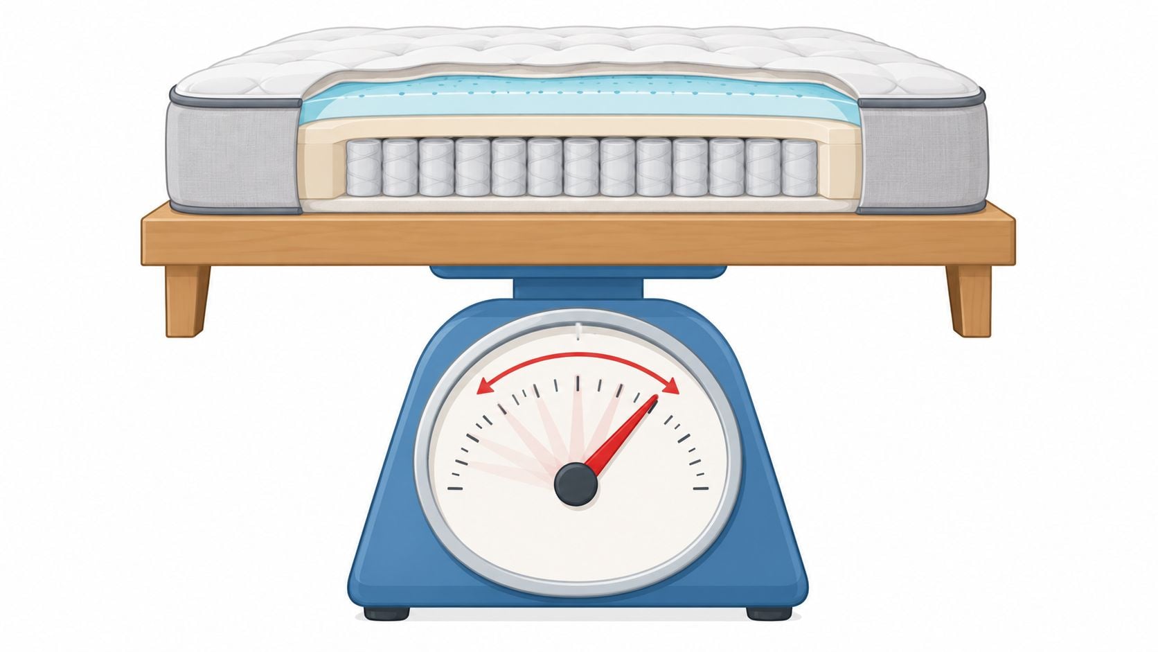 A cutaway illustration of a mattress resting on a wooden bed frame on top of a scale.