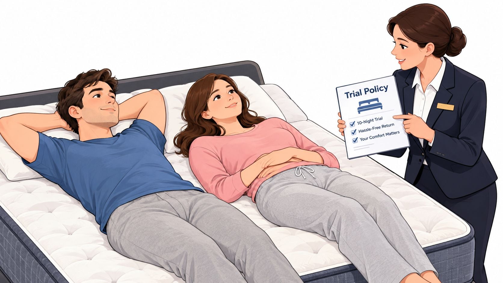 A professional saleswoman explains mattress trial policy benefits to a couple lying on a bed together.
