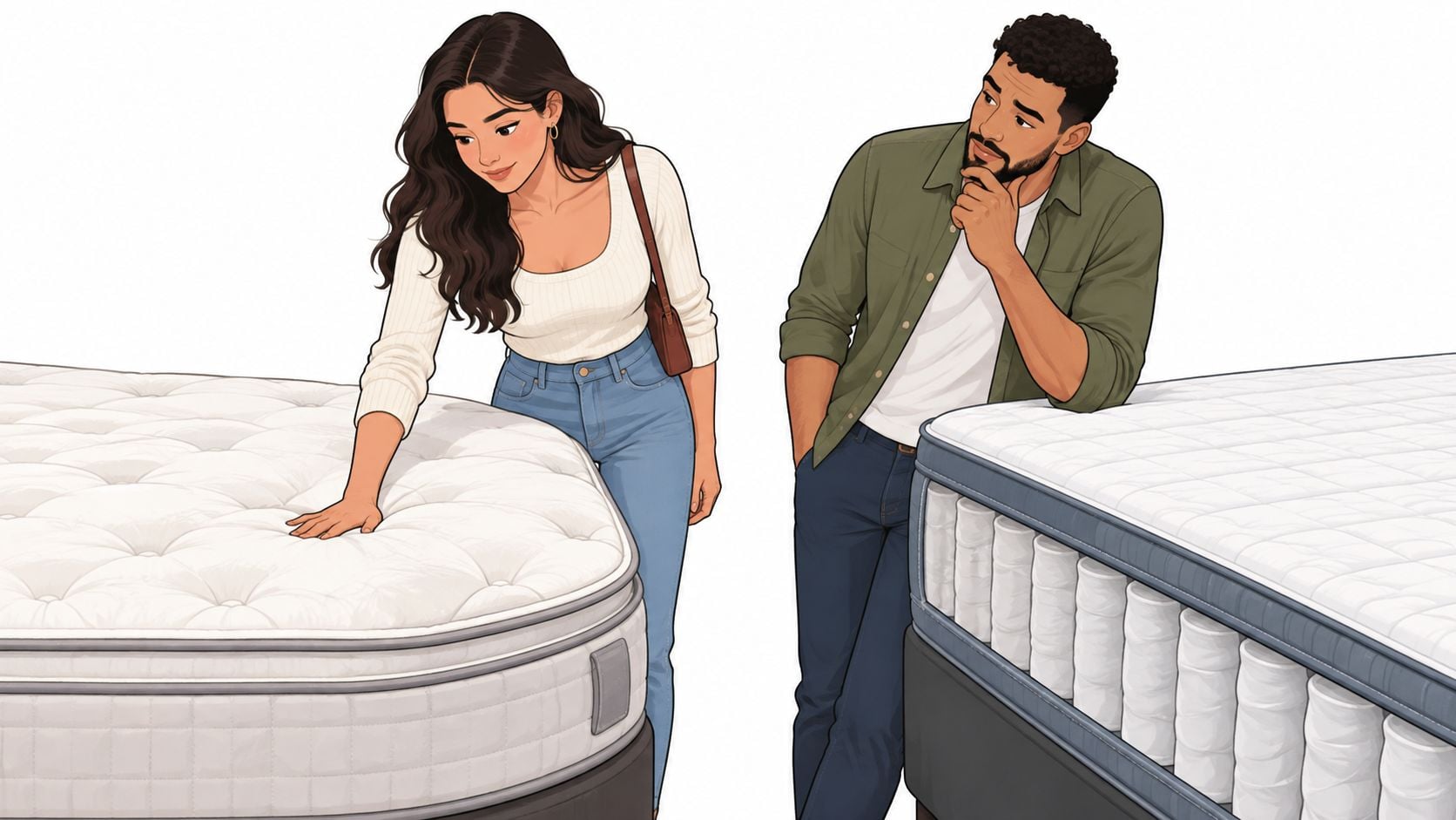 A couple shopping for mattresses in a furniture store, examining the comfort and construction of the beds.