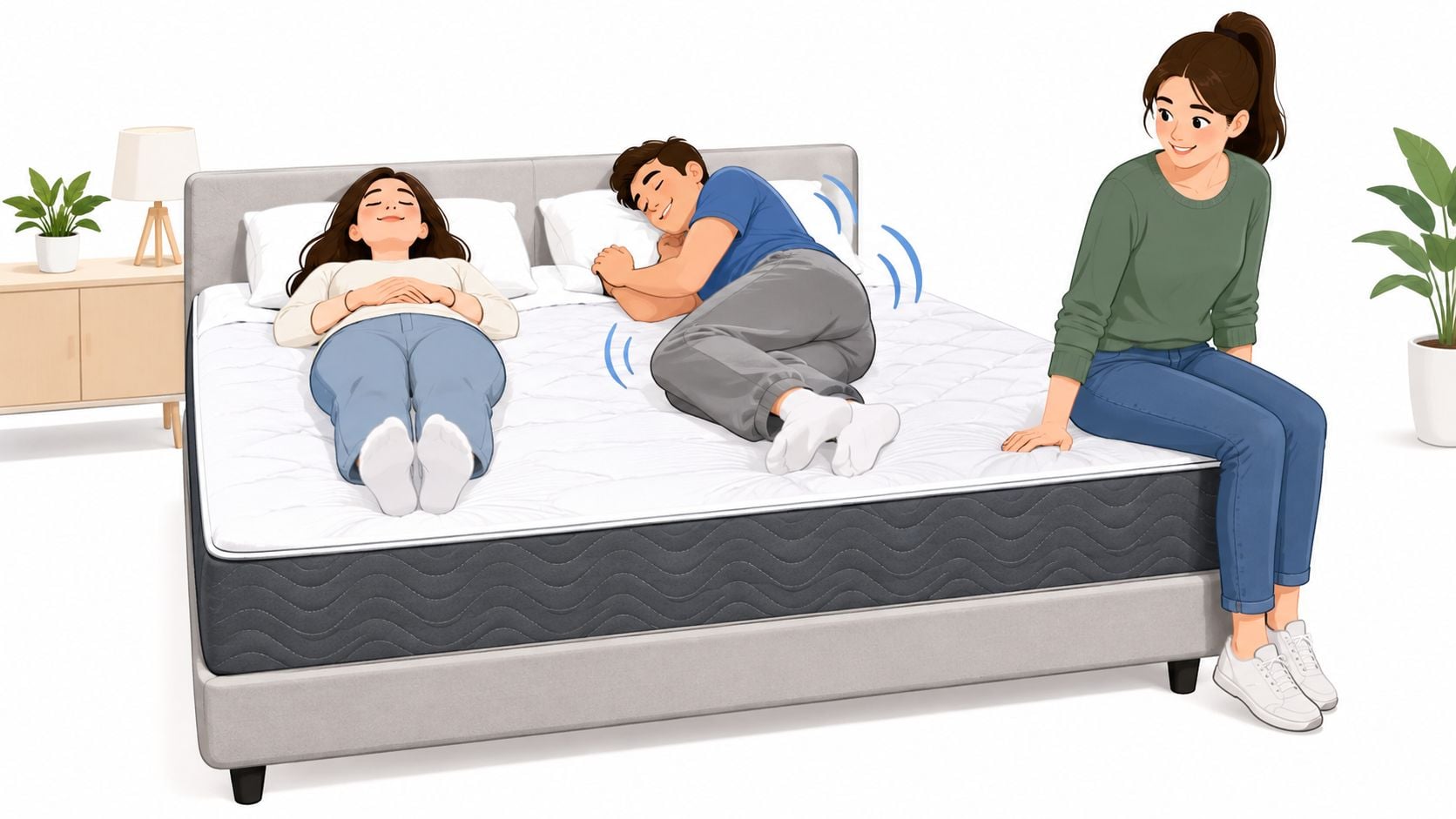 A woman sits on the edge of a mattress while a couple sleeps peacefully without motion transfer.
