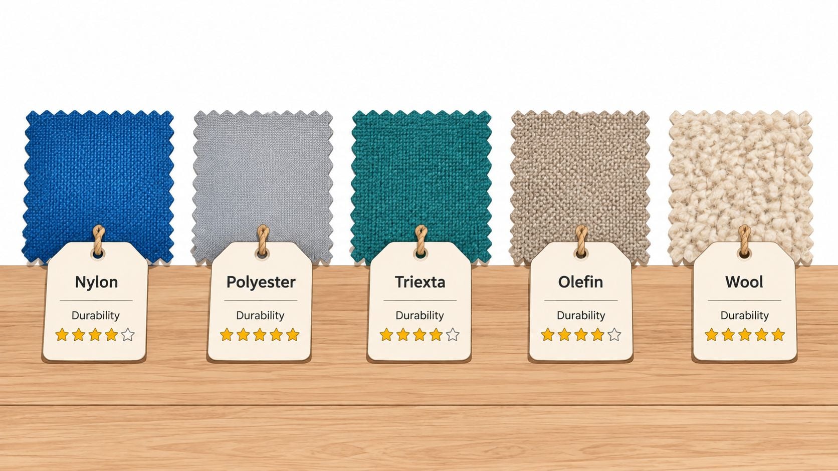 A display of five different carpet material swatches with durability ratings labeled nylon, polyester, triexta, olefin, and wool.