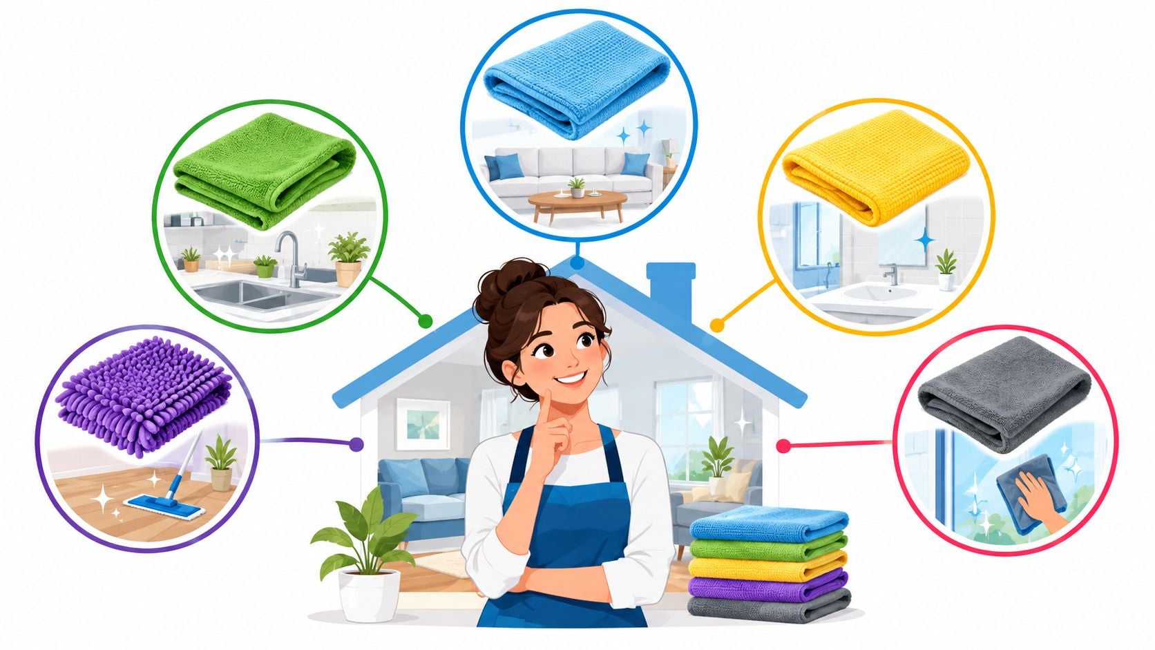 A woman thinking about which microfiber cleaning cloth to use for different areas of her home.