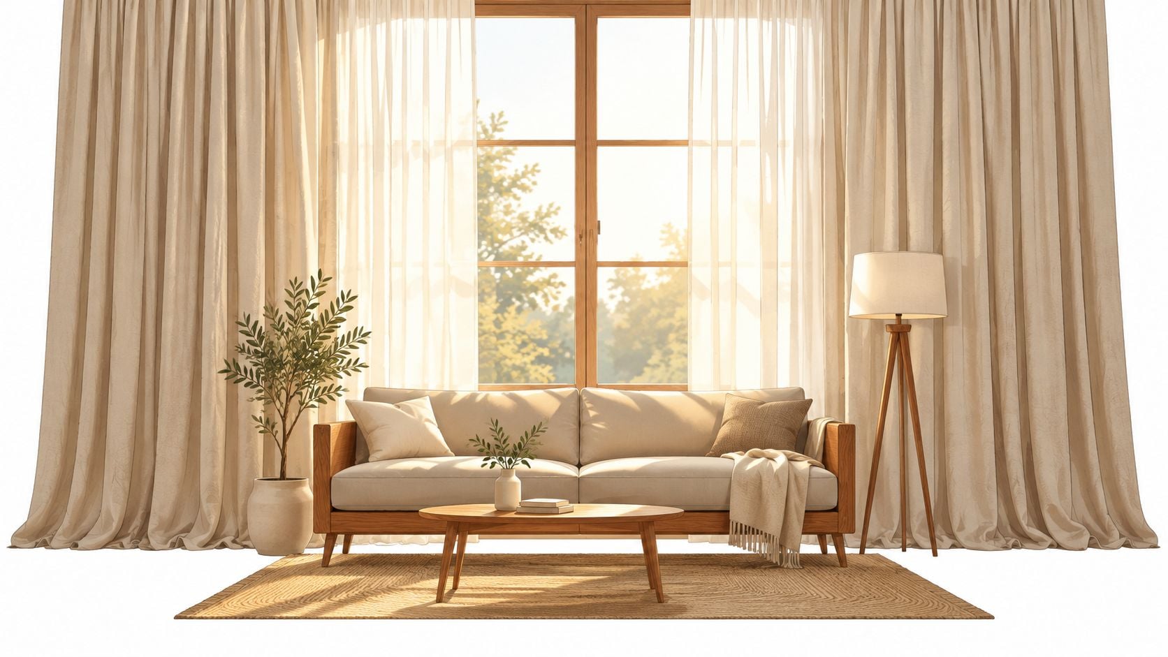 A cozy living room interior with a beige sofa, wooden coffee table, and soft curtains under sunlight.