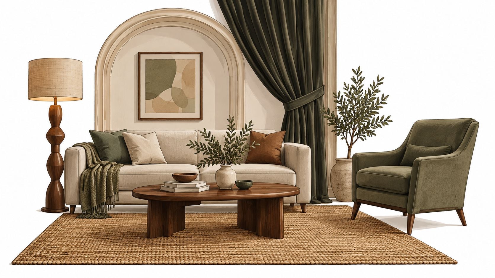 A sophisticated living room featuring an arched wall, olive curtains, a neutral sofa, and an armchair.